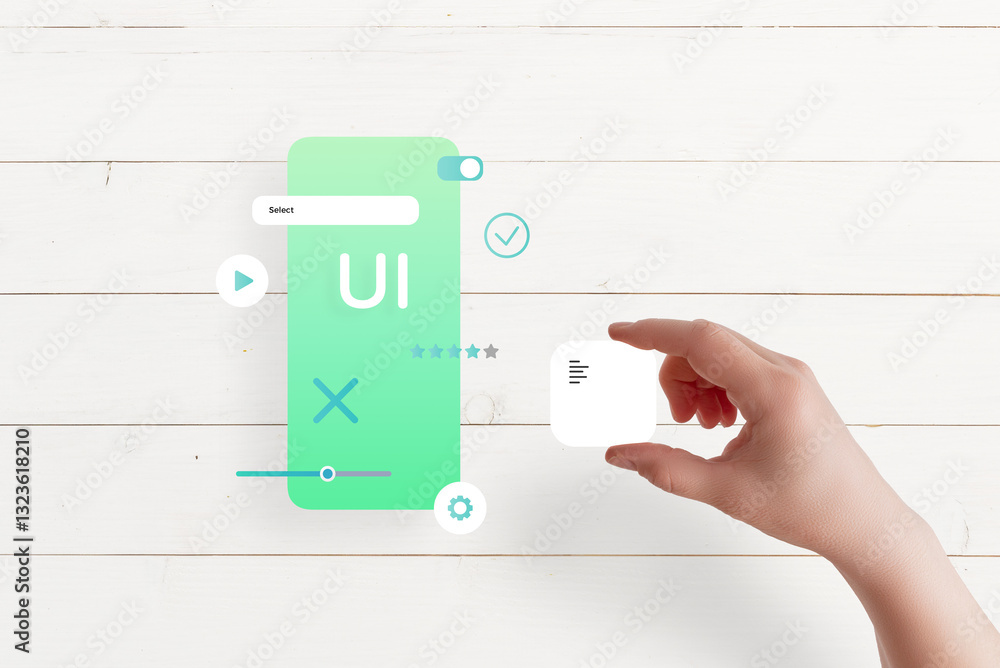 Poster Top view of hand assembling app interface on table, placing text box, concept of UI/UX design and mobile app development