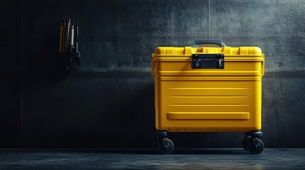 A bright yellow rolling toolbox, its robust form and practical features on full display, stood proudly against a stark dark surface, exuding a sense of strength and readiness for any task.