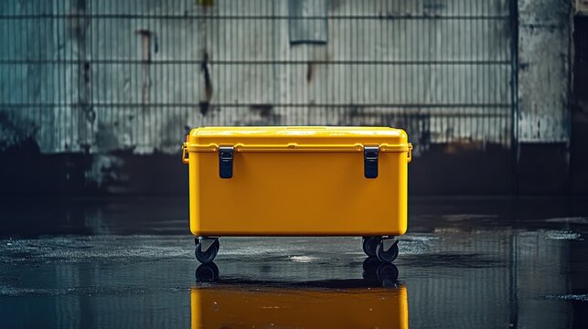A bright yellow rolling toolbox, its robust form and practical features on full display, stood proudly against a stark dark surface, exuding a sense of strength and readiness for any task.