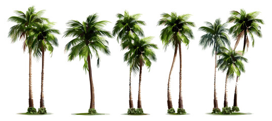 Coconut palm tree vector collection, isolated on white and transparent background, tropical tree, green foliage, beach plant, jungle nature, exotic landscape, palm leaf illustration © aura studio