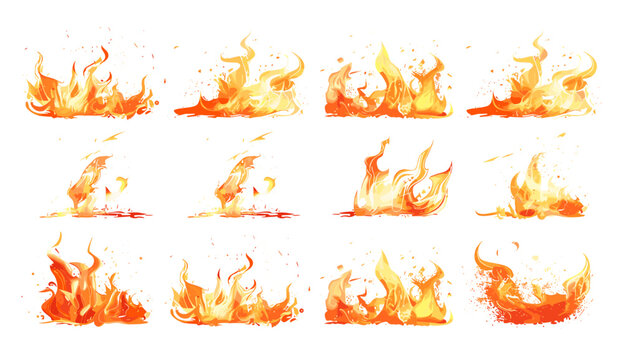 Fire flames vector set, isolated on transparent and white background, burning fire design, realistic flame elements, hot blaze graphics, inferno effect, flaming heat, bonfire sparks