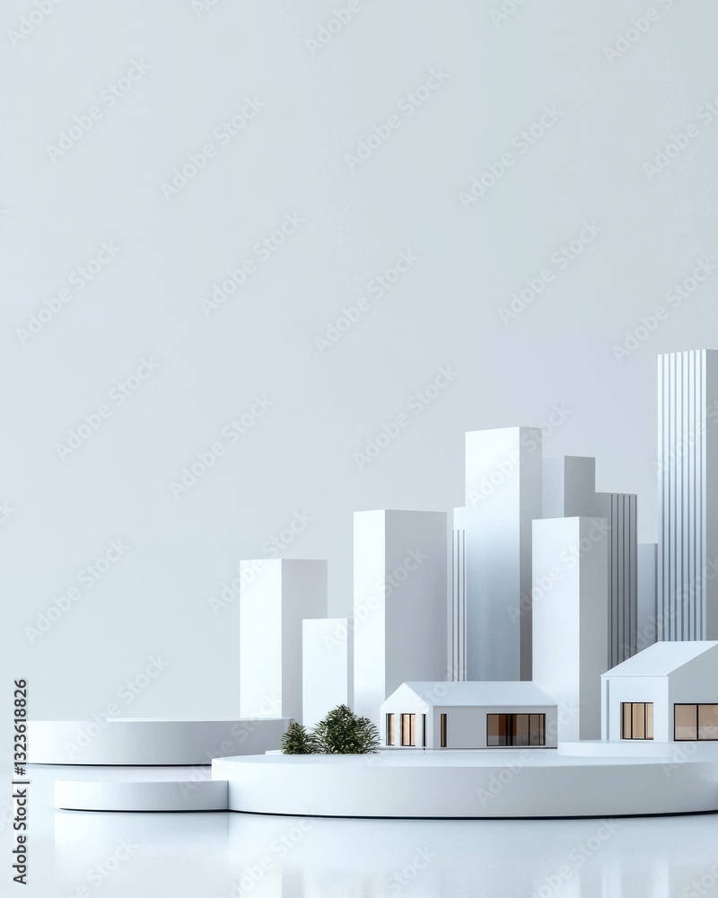 Poster modern architectural models displayed on minimalistic white surface for design and urban planning co