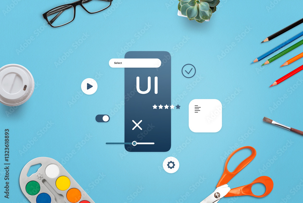 Poster Creative workspace for mobile app development, top view of UI design process with various artistic tools and accessories. Top view, flat lay