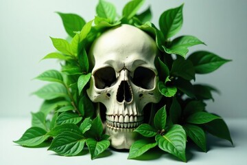 Lush green leaves wrap around a mysterious skull, plants, decoration, mystical