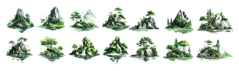 Hand drawn vector set of mountain island with green trees in watercolor style, isolated on white, nature scene, summer vacation, coastal view, forested island, outdoor adventure © aura studio