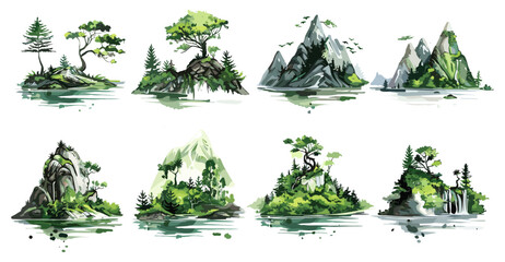 Vector set of mountain island with green trees, hand drawn elements in watercolor style, isolated on white background, nature landscape, scenic view, tropical island © aura studio