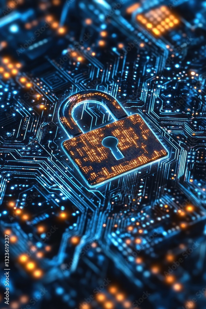 Poster digital lock symbolizing cybersecurity on circuit board