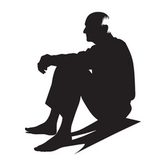 Pensive Sitting Oldman silhouette, lost in a world of memories – Oldman illustration – Minimalist Sitting Oldman vector – Deep thinker
