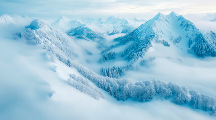Obraz premium Winter Solitude: Mountain Range Covered in Fresh Snow and Enshrouded in Mist, an Alpine Winter Scene.