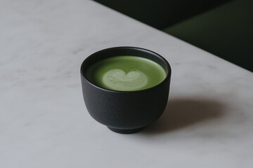 Zen Matcha: A vibrant green matcha tea, served in a textured black bowl on a sleek surface, evokes a sense of tranquility and refreshment, perfect for moments of mindful enjoyment.