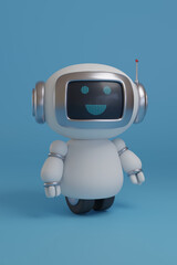 Cute happy robot on blue background. 3d illustration.