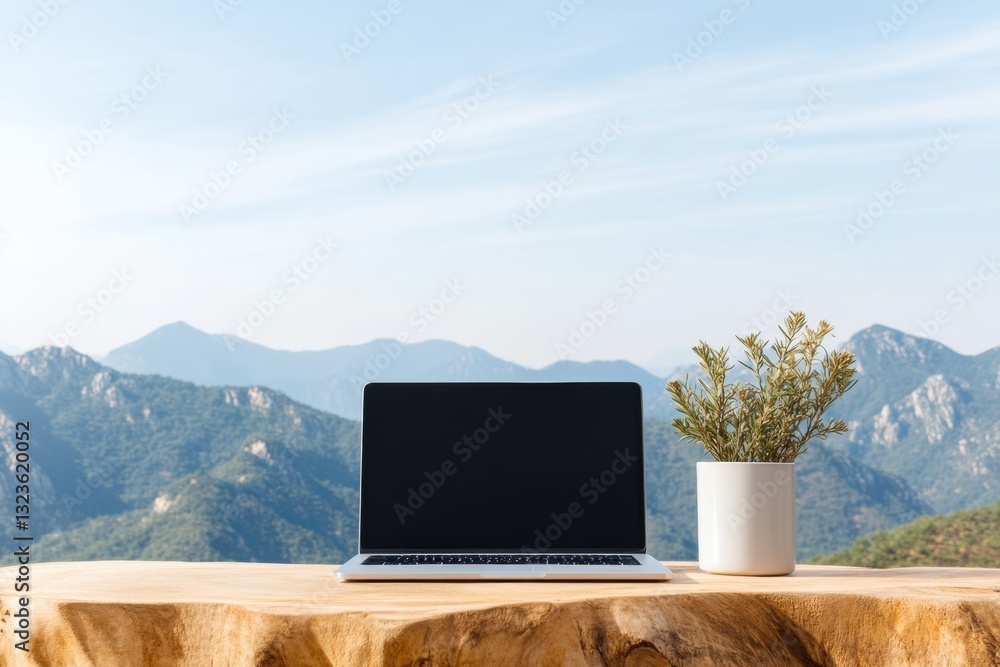 Poster mindful mobility alpine remote work sanctuary - minimalist laptop and botanical scene capturing next