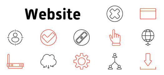Website set icon. Online access, authentication, cloud storage, user profiles, connectivity, network settings, download options, system updates, digital security