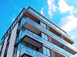 Obraz premium Modern apartment building exterior with glass balconies under a clear blue sky