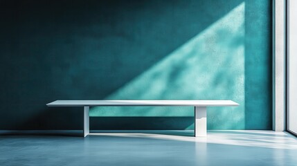 A stark white table, a beacon of brightness, stands against a vibrant teal wall in a minimalist room, its sleek design contrasting with the bold hue of the wall, creating a serene and inviting