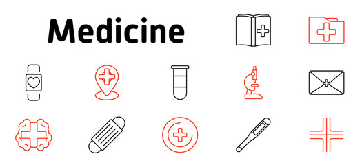Medicine set icon. Medical records, lab tests, diagnosis, health tracking, medical research, prescription management, clinical data, patient monitoring, preventive care