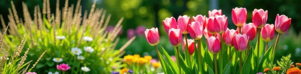 Fototapeta premium Pink tulips in a garden among tall grasses and ornamental plants, bloom, arrangement, botanical