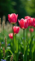 Obraz premium Pink tulips in a garden among tall grasses and ornamental plants, bloom, natural