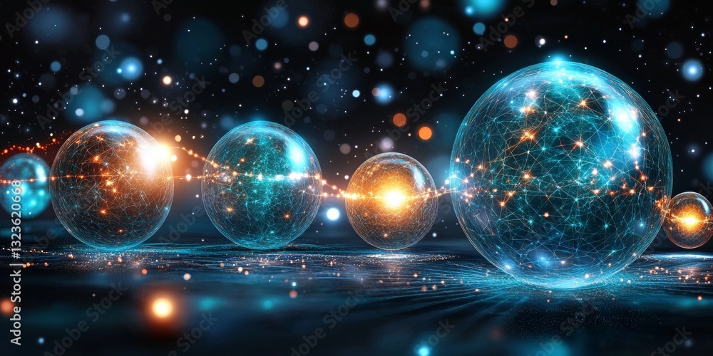 Aufkleber abstract digital network of glowing interconnected energy spheres with bokeh and trails of light.