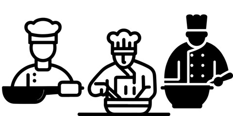 Three vector graphics feature chefs, each with a toque, preparing food.