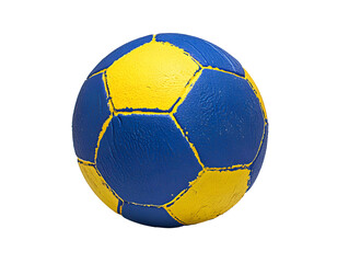 Fototapeta premium blue and yellow handball with textured grip, ideal for sports enthusiasts. This vibrant ball showcases classic hexagonal pattern, perfect for competitive play