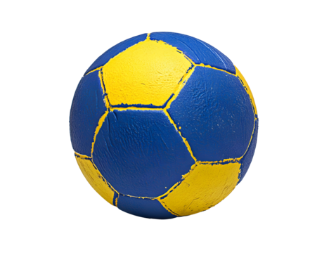 blue and yellow handball with textured grip, ideal for sports enthusiasts. This vibrant ball showcases classic hexagonal pattern, perfect for competitive play