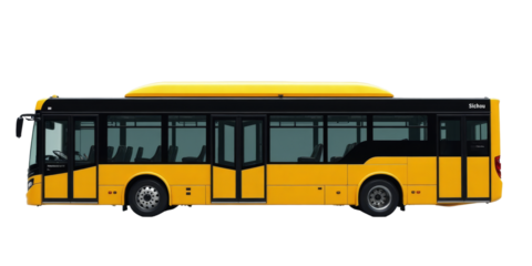 Side view of a yellow and black city bus with transparent background