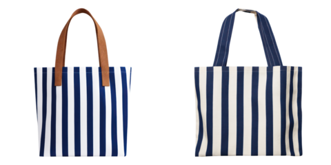 Blue and white striped tote bags with brown and blue handles