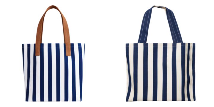 Blue and white striped tote bags with brown and blue handles