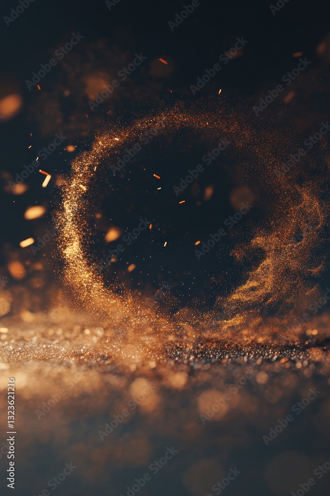 Poster a mesmerizing swirling vortex of golden particles and dust dances in a dark atmosphere, creating a d