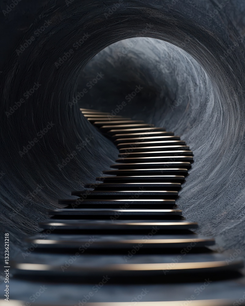 Aufkleber surreal perspective of curved steps inside a dark circular tunnel with soft lighting effects