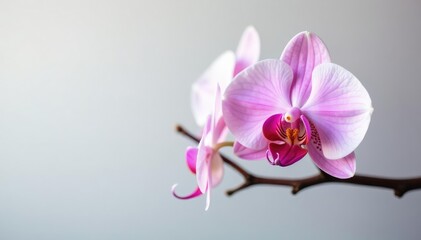 Obraz premium Single elegant orchid bloom on a bare white branch, branch, orchids