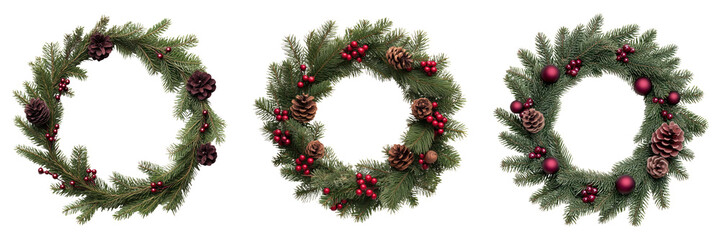 Three festive Christmas wreaths with pine cones and red berries