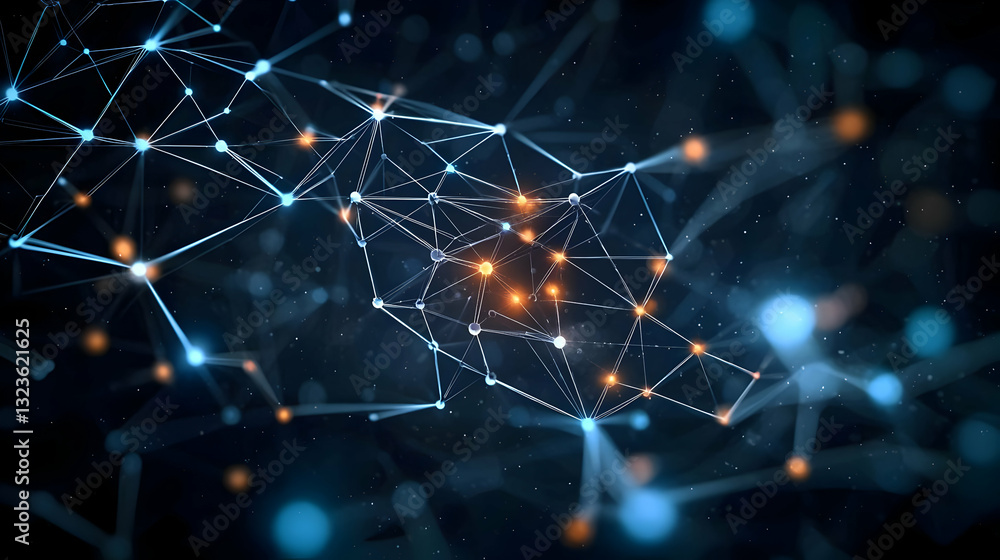 Poster abstract digital network design with blue and orange points connected by lines on dark background
