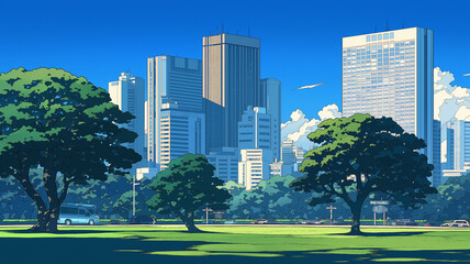 Obraz premium 都会の中のリラックス空間｜緑豊かな公園と遠くにそびえる高層ビル