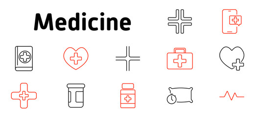 Medicine set icon. Healthcare, digital health monitoring, first aid, pharmaceuticals, medical consultation, prescription management, heart care, sleep health, medical research