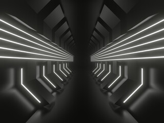 Fototapeta premium 3D neon tunnel. Black corridor with white neon lights