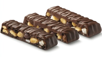 Delicious Dark Chocolate Snack Bars Filled with Nuts and Crunchy Layers on White Background
