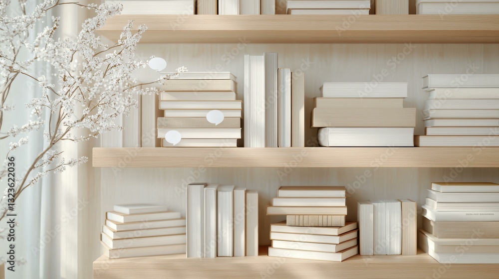 Poster minimalist bookshelf with neatly arranged books in a serene, light-filled room, highlighting calm an