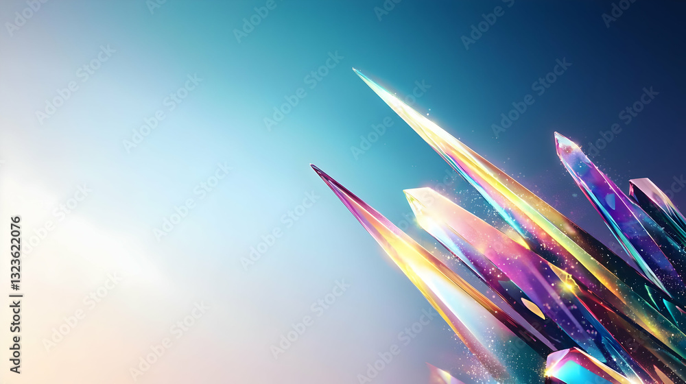 Poster abstract composition of iridescent crystal shapes with colorful light and blue gradient background