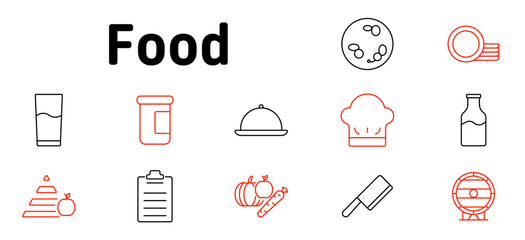 Food set icon. Culinary arts, meal preparation, healthy lifestyle, food safety, nutrition, dietary habits, beverage industry, cooking essentials, professional chef, restaurant service