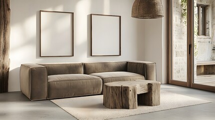 Modern Minimalist Living Room with Textured Sofa and Natural Wood Furniture in Bright Space