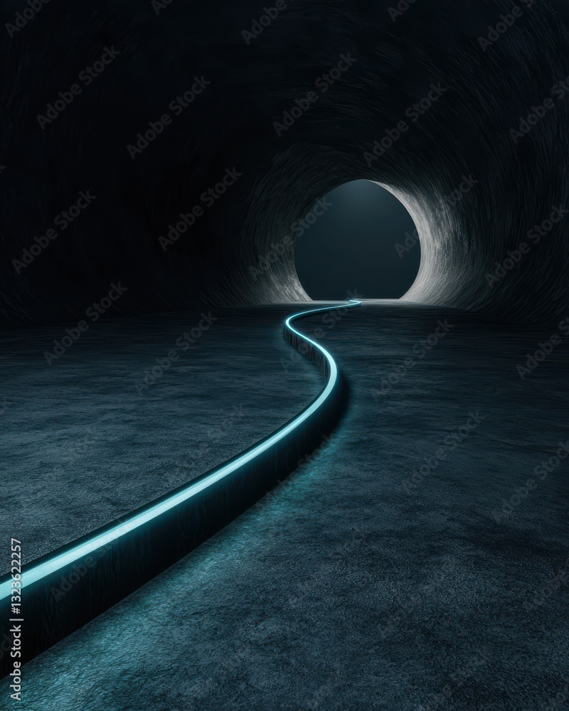 Aufkleber mysterious tunnel path with glowing line in dark atmosphere leading to an unknown exit