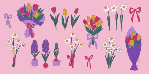 Set of spring flowers. Hyacinth, narcissus, daffodil, and tulip bouquet. Good for posters, postcards, banners, ad, logo, labels and tags