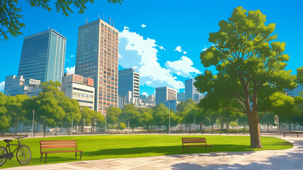 Fototapeta premium 爽やかな都会の公園｜緑あふれる木々と青空、遠くに見える高層ビル群