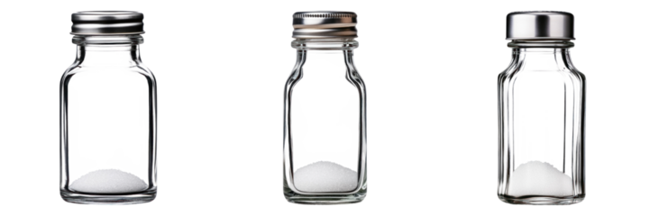 Three glass salt shakers with metal lids on transparency background
