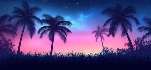Naklejka premium Palm trees silhouettes at sunset with pink and blue sky and stars