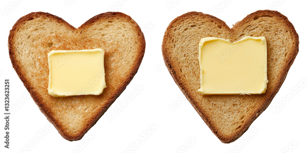 Poster heart shaped toast with butter on top, isolated on transparency background