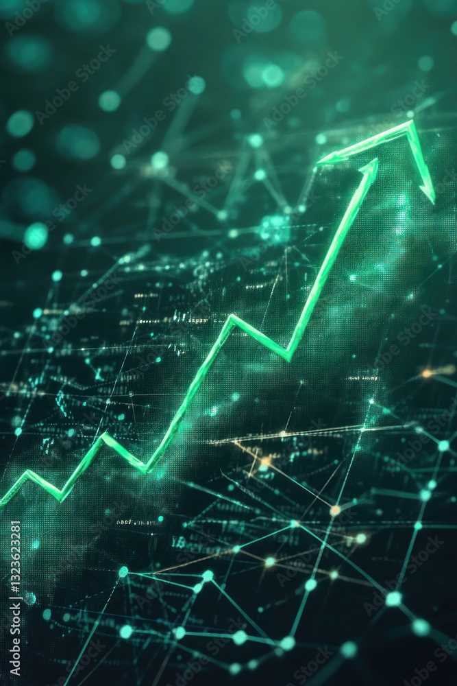 Poster a vibrant digital representation of a rising financial graph, illustrating growth and progress in a 