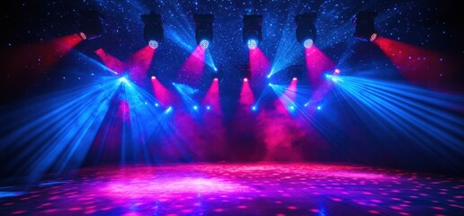 Stage lights shining on empty venue with pink and blue illumination